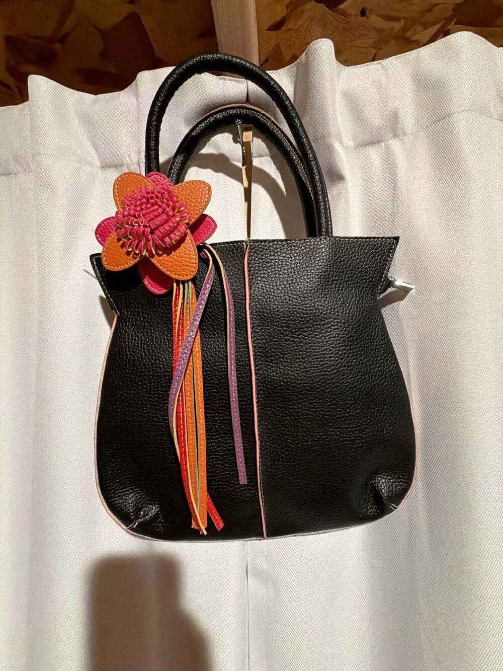 Mellow World Black Faux Leather Handbag Featuring A Colorful 3D Flower Accent